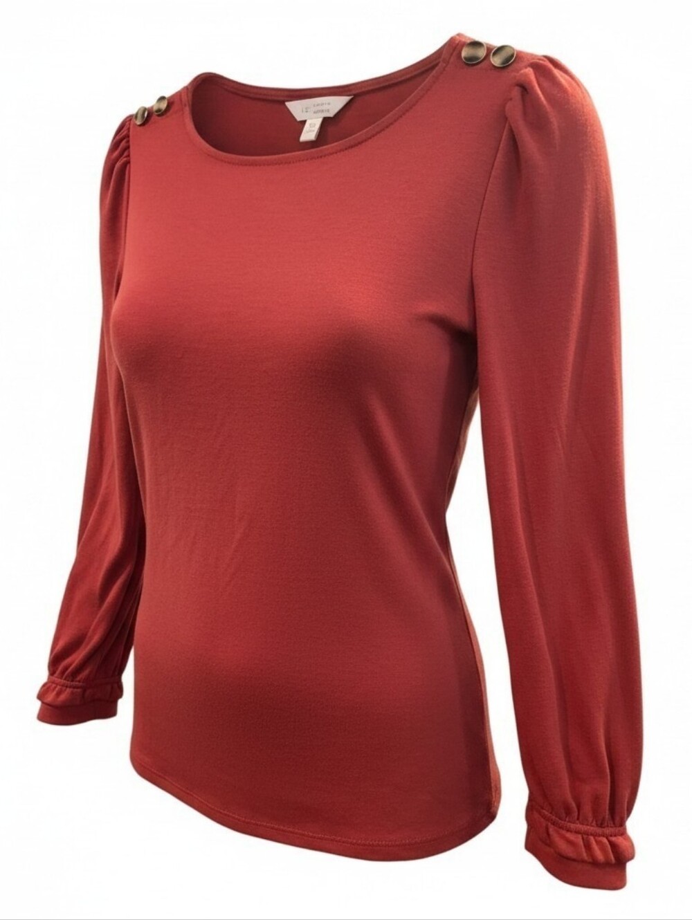 Lauren Conrad Long-Sleeve Button-Shoulder Top in Rust Red